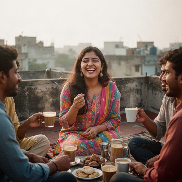 Meera laughing over chai with friends on a rooftop