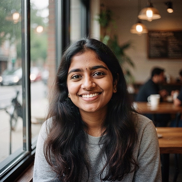 Tara smiling in a café